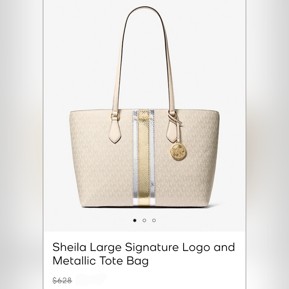 New Michael Kors Sheila Large Signature Logo / Metallic Tote Bag Pale Gold Purse